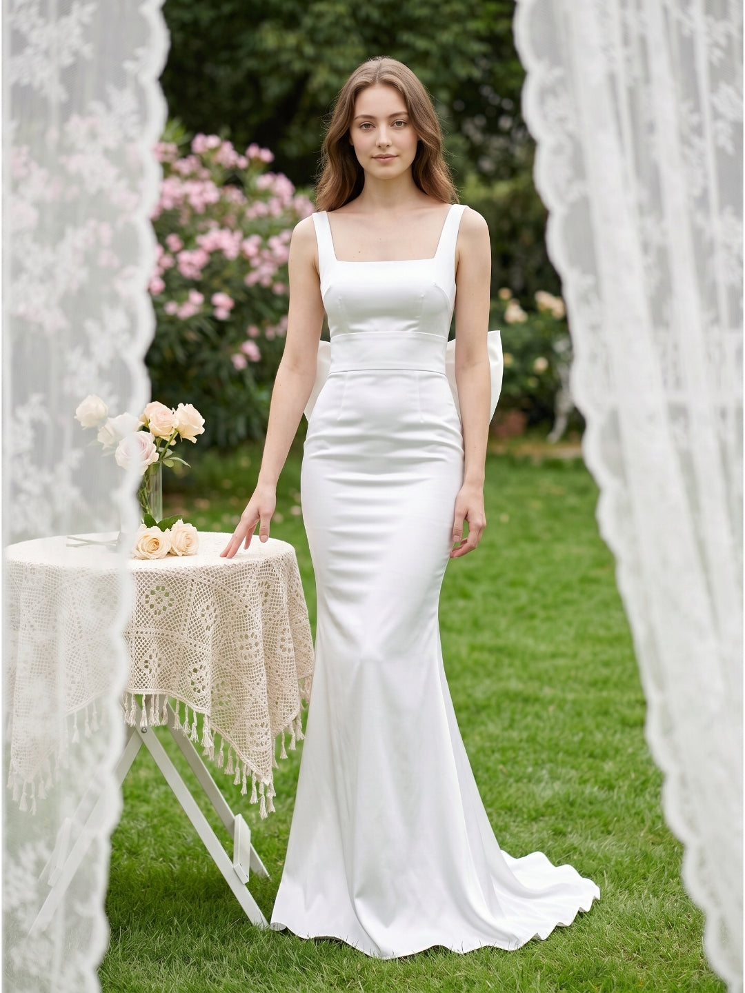 White Satin Mermaid Square Neck Backless Floor-Length Bridesmaid Dress with Bow