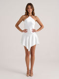White Satin Sheath Halter Neckline Lace-Up Back Short Birthday Dress