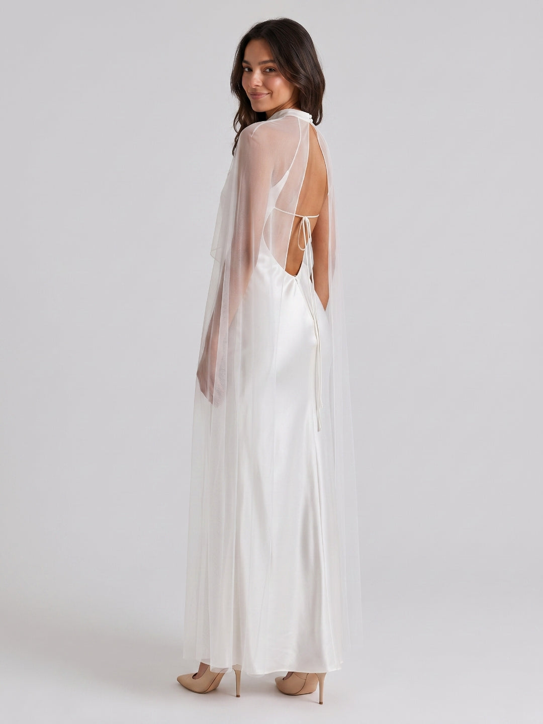 White Satin Sheath Scoop Neck Backless Ankle-Length Prom Dress
