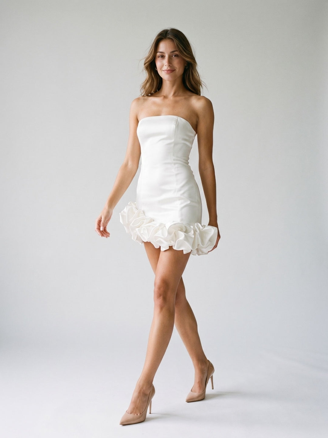 White Satin Sheath Straight Neck Back Zip Short Dress