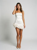 White Satin Sheath Straight Neck Back Zip Short Dress