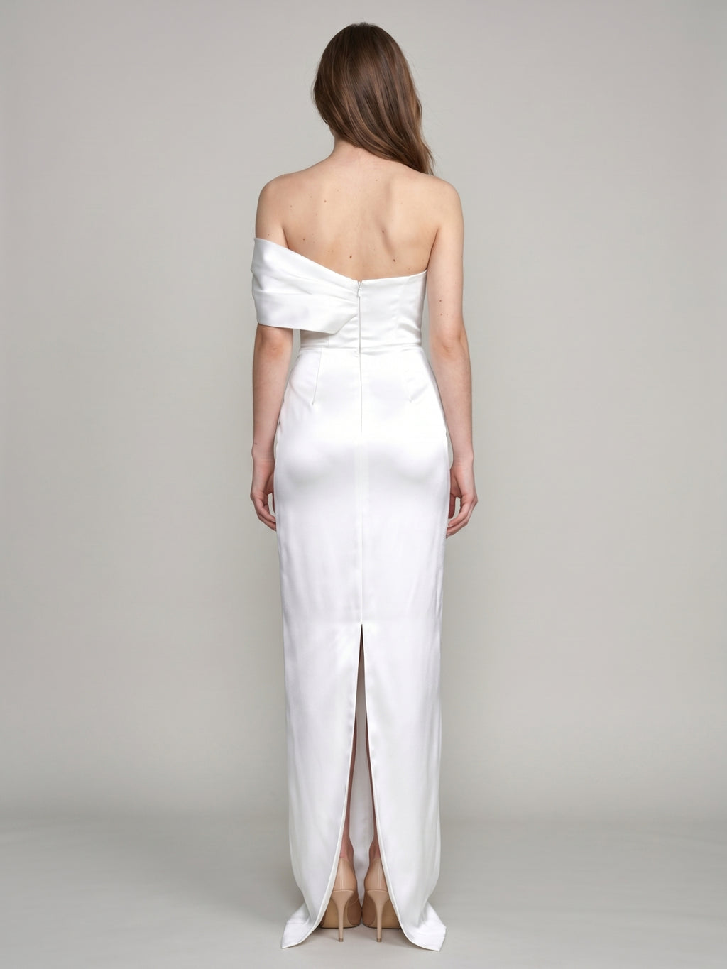 White Satin Sheath Straight Neck Backless Floor-Length Bridesmaid Dress with Bow