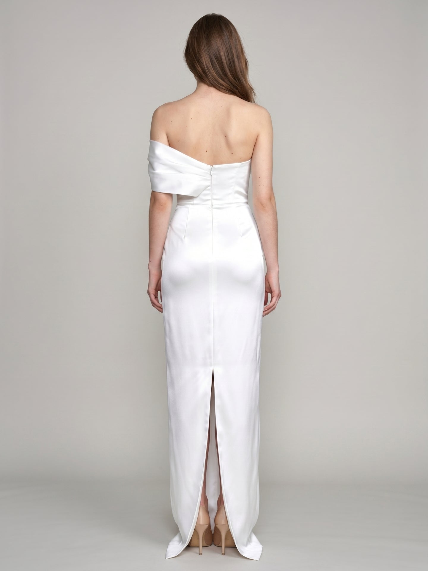 White Satin Sheath Straight Neck Backless Floor-Length Bridesmaid Dress with Bow