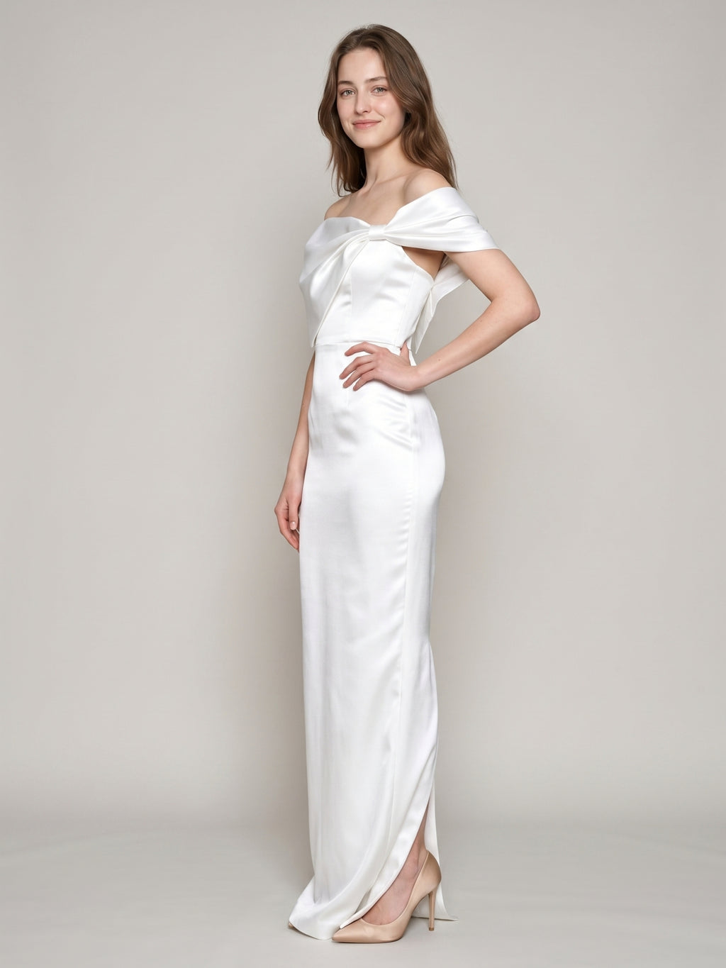 White Satin Sheath Straight Neck Backless Floor-Length Bridesmaid Dress with Bow
