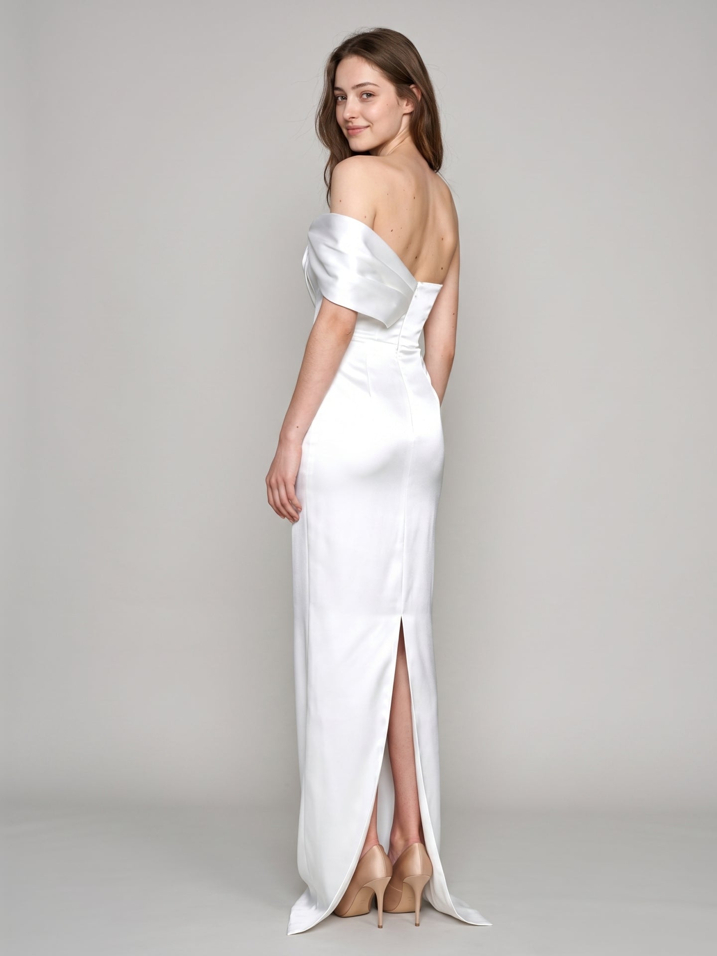 White Satin Sheath Straight Neck Backless Floor-Length Bridesmaid Dress with Bow