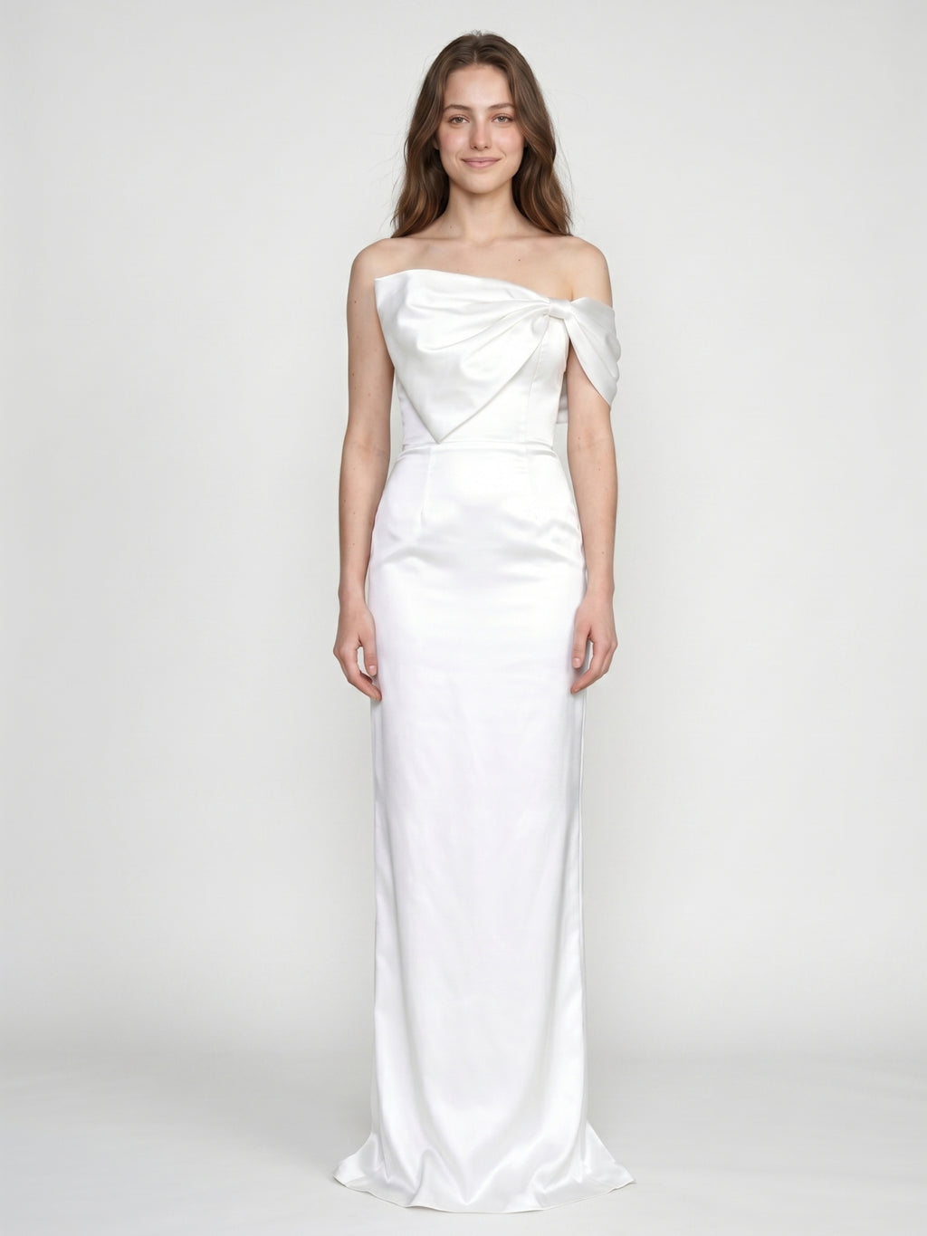 White Satin Sheath Straight Neck Backless Floor-Length Bridesmaid Dress with Bow