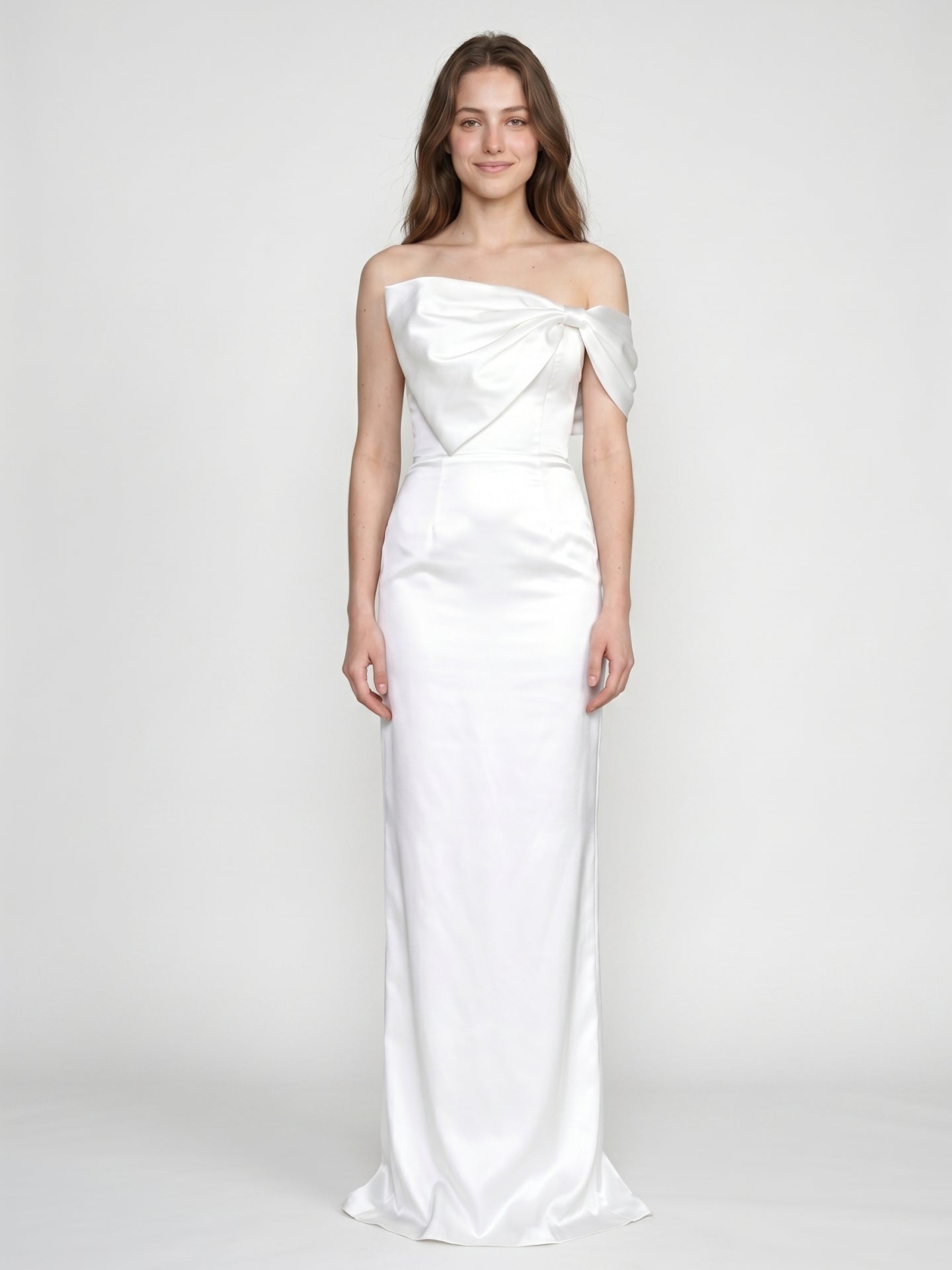 White Satin Sheath Straight Neck Backless Floor-Length Bridesmaid Dress with Bow