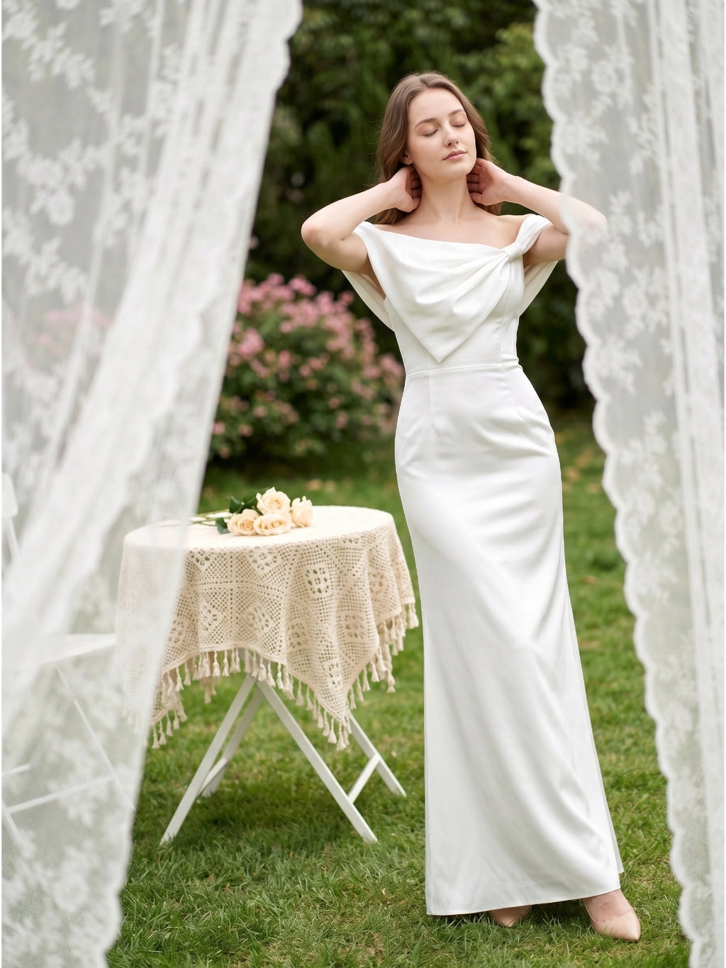White Satin Sheath Straight Neck Backless Floor-Length Bridesmaid Dress with Bow