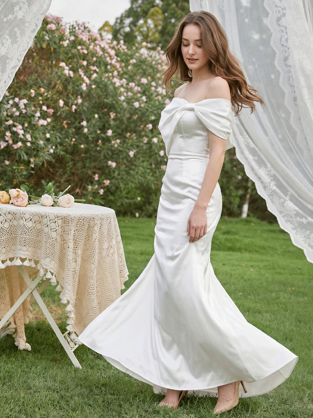 White Satin Sheath Straight Neck Backless Floor-Length Bridesmaid Dress with Bow