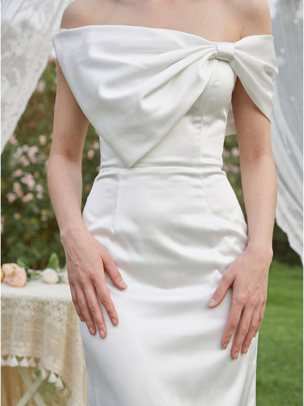 White Satin Sheath Straight Neck Backless Floor-Length Bridesmaid Dress with Bow
