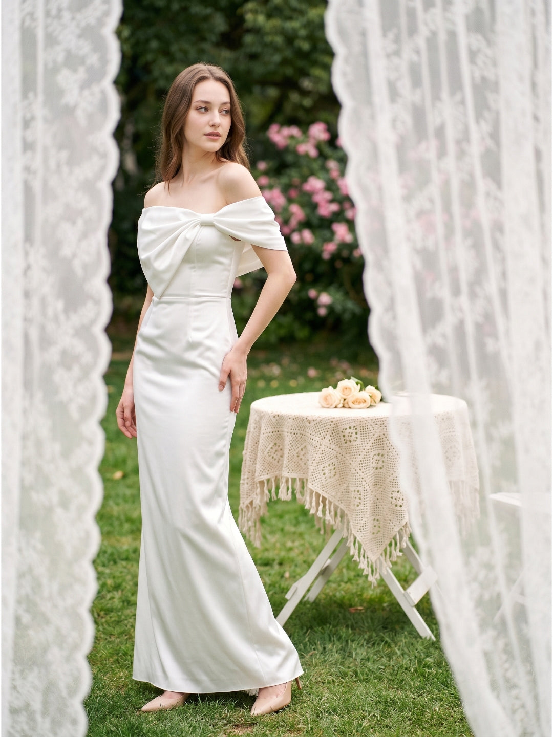 White Satin Sheath Straight Neck Backless Floor-Length Bridesmaid Dress with Bow