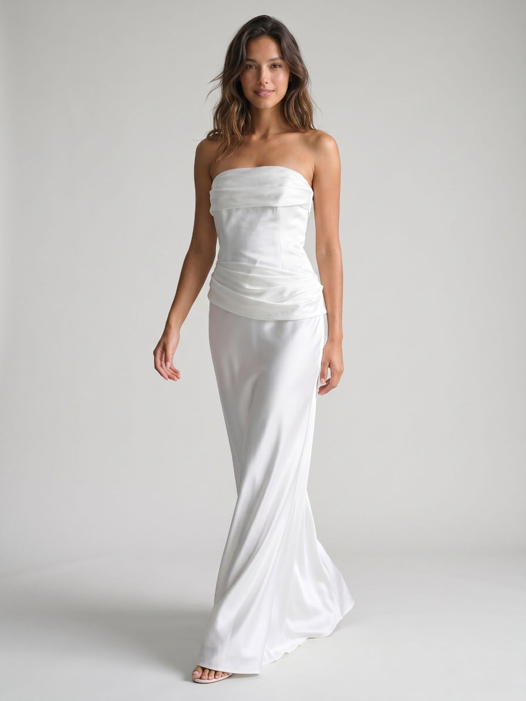 White Satin Sheath Straight Neck Side Zip Floor-Length Dress with Pleating