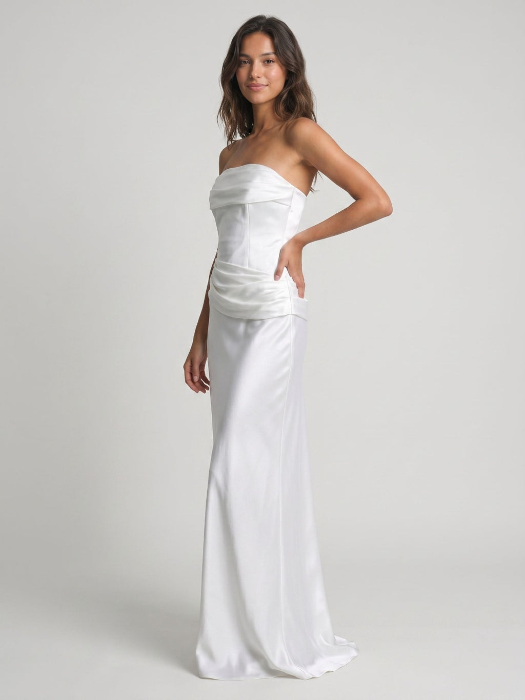 White Satin Sheath Straight Neck Side Zip Floor-Length Dress with Pleating