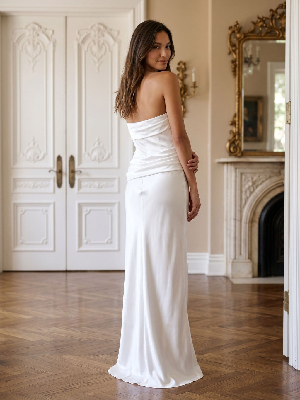 White Satin Sheath Straight Neck Side Zip Floor-Length Dress with Pleating