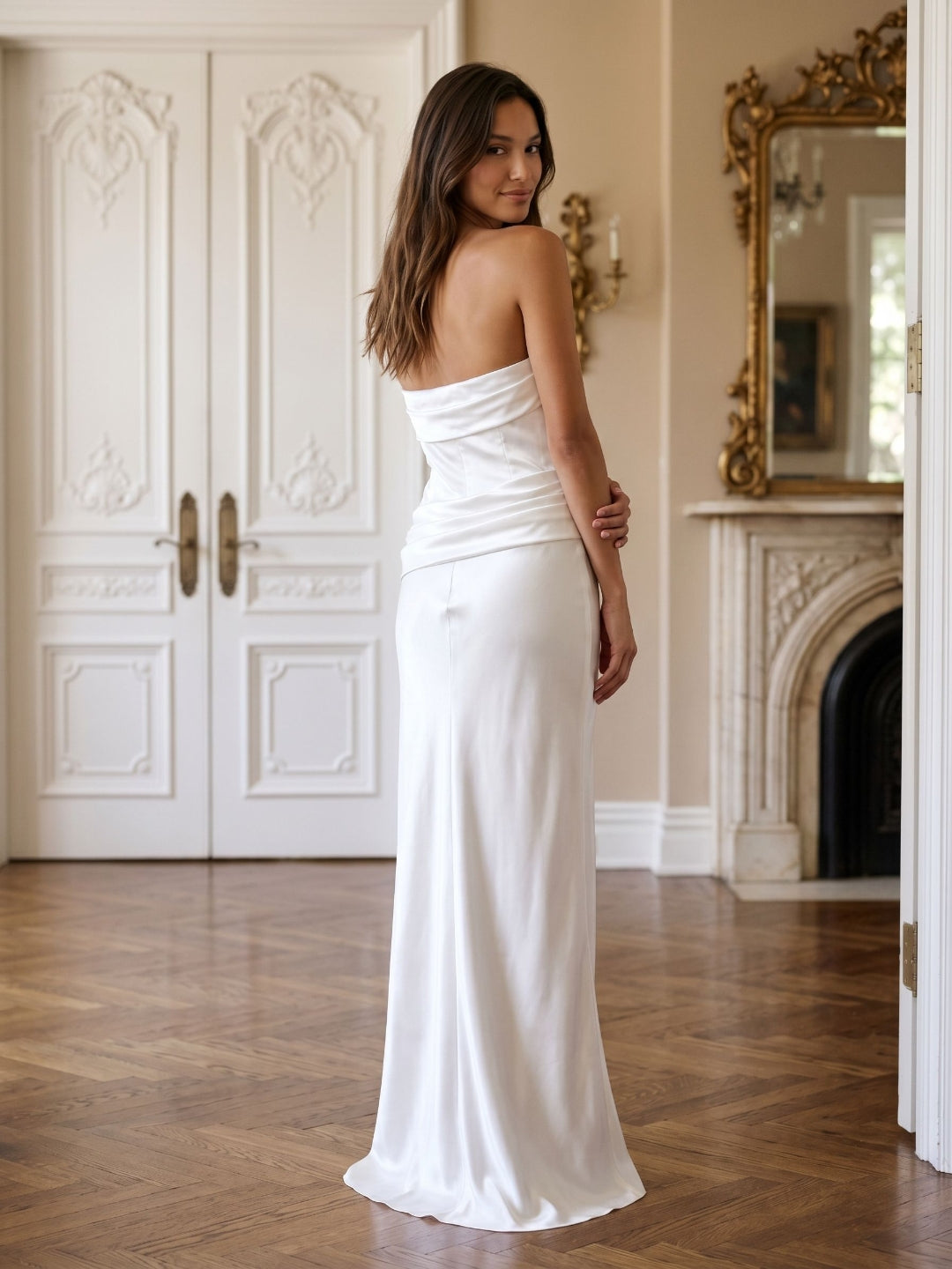 White Satin Sheath Straight Neck Side Zip Floor-Length Dress with Pleating