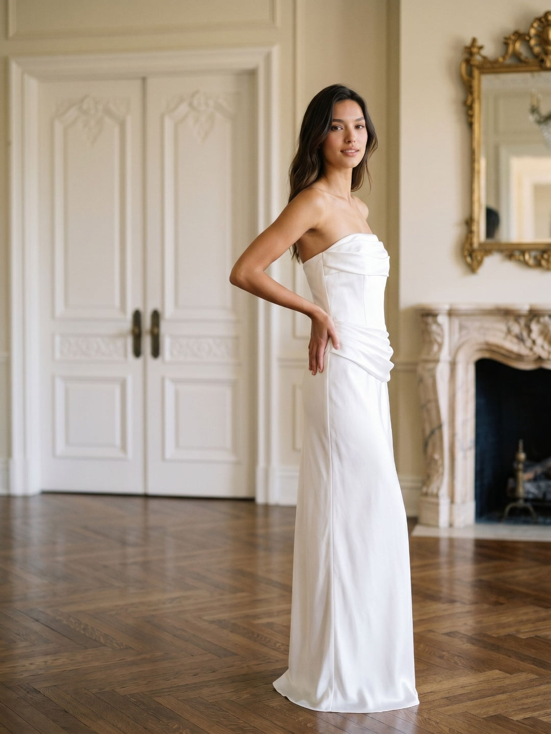 White Satin Sheath Straight Neck Side Zip Floor-Length Dress with Pleating