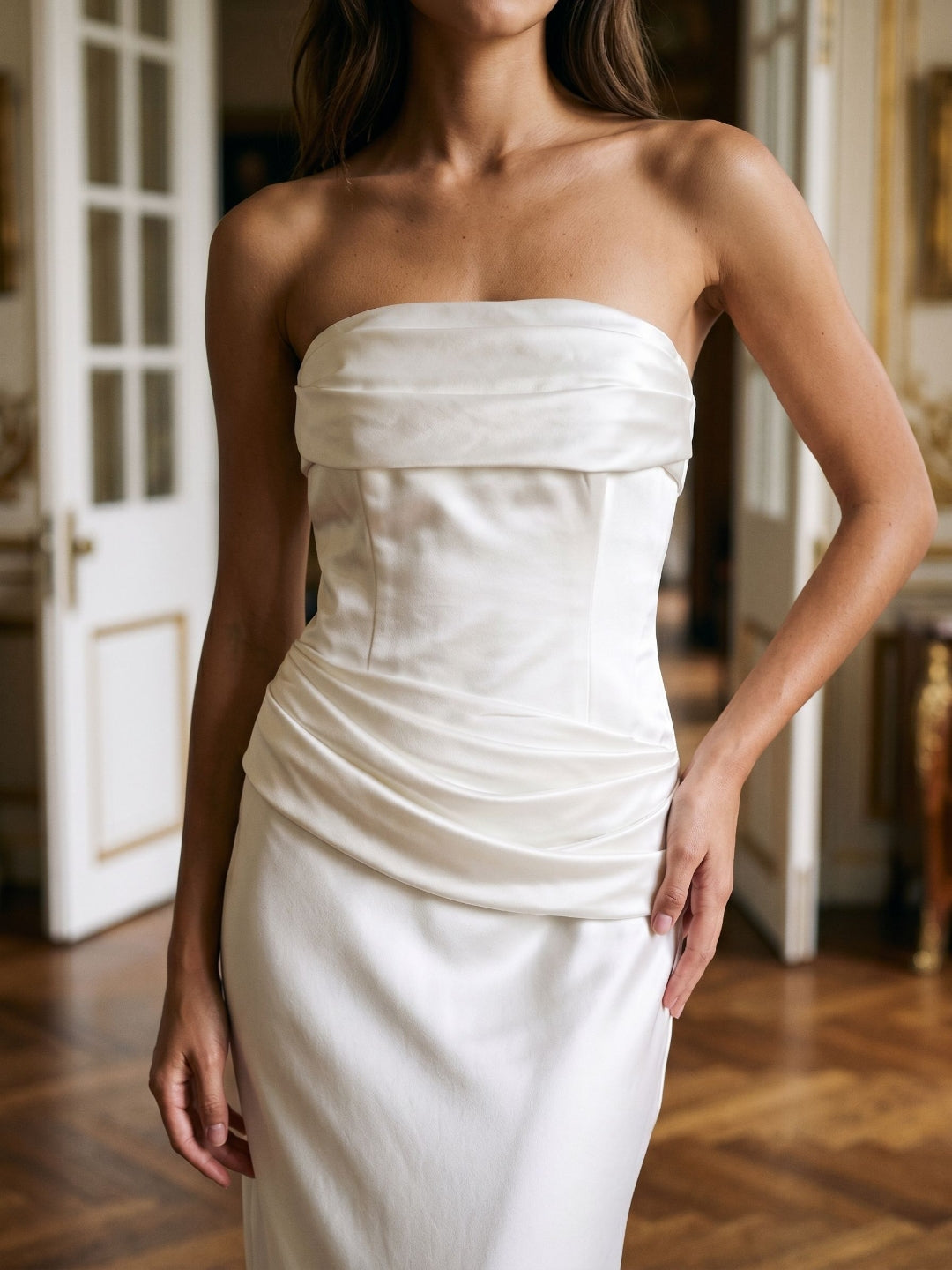 White Satin Sheath Straight Neck Side Zip Floor-Length Dress with Pleating