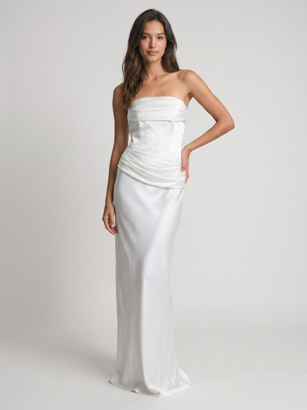White Satin Sheath Straight Neck Side Zip Floor-Length Dress with Pleating