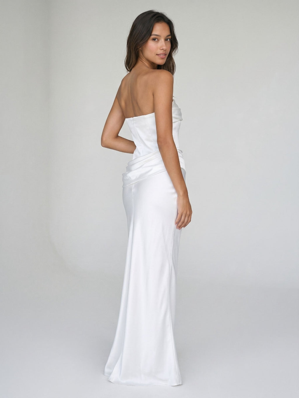 White Satin Sheath Straight Neck Side Zip Floor-Length Dress with Pleating