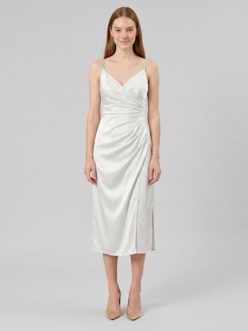 White Satin Sheath V-Neck Backless Tea-Length Pleated Bridesmaid Dress