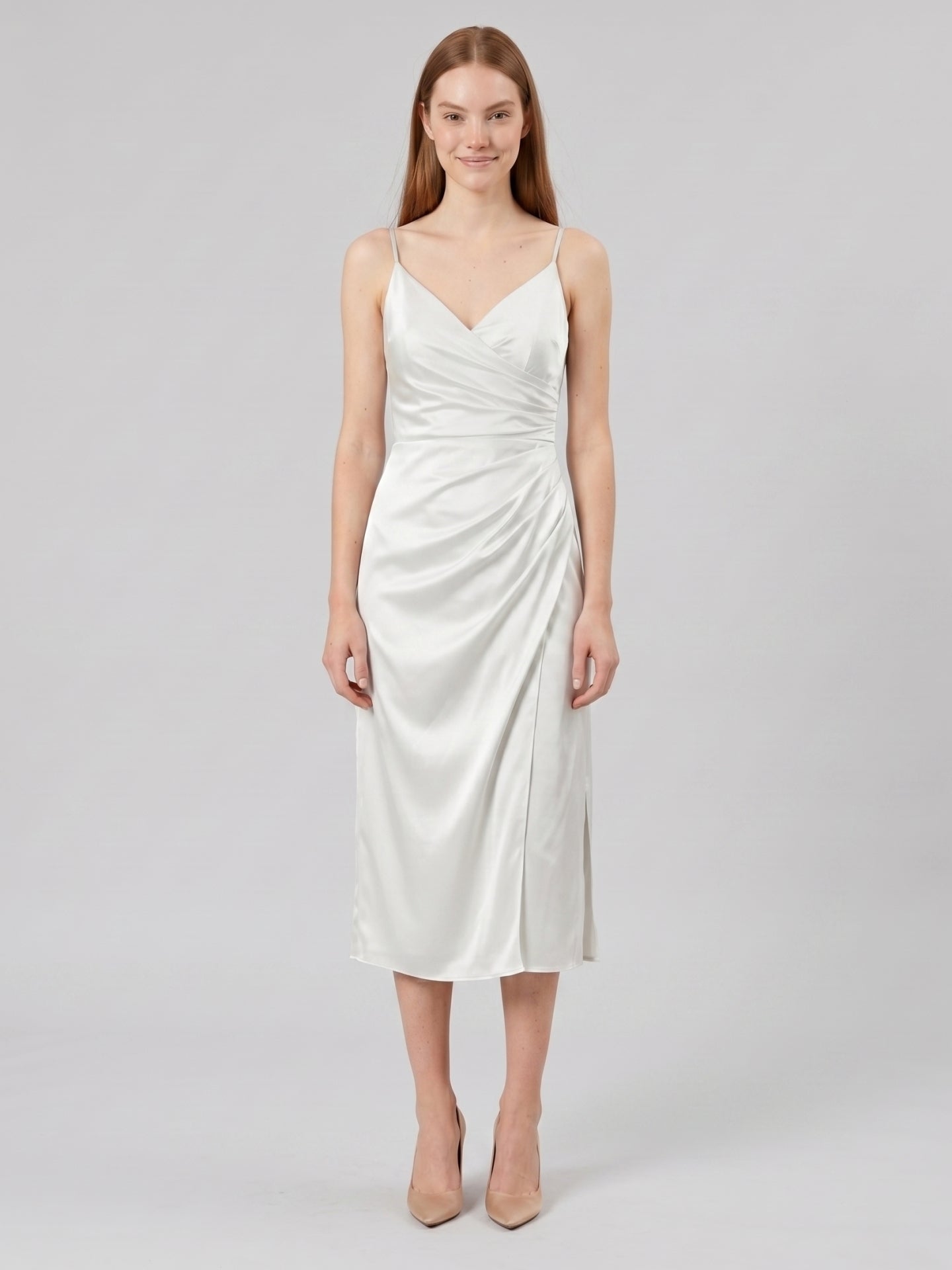 White Satin Sheath V-Neck Backless Tea-Length Pleated Bridesmaid Dress
