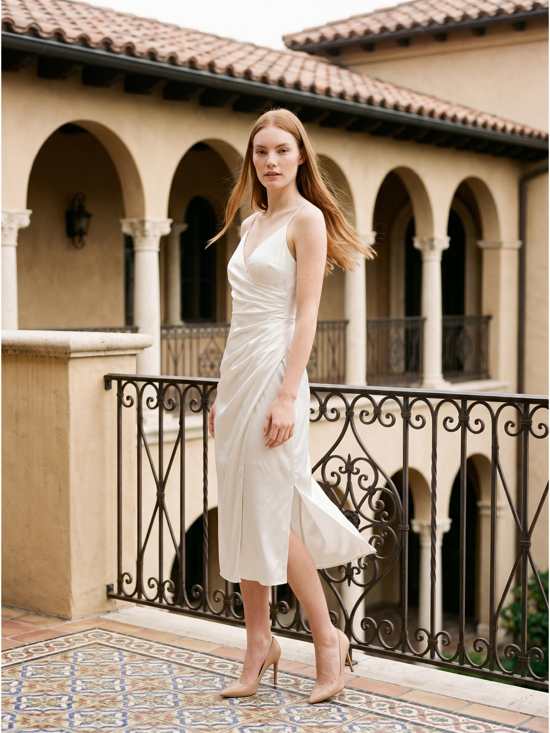White Satin Sheath V-Neck Backless Tea-Length Pleated Bridesmaid Dress