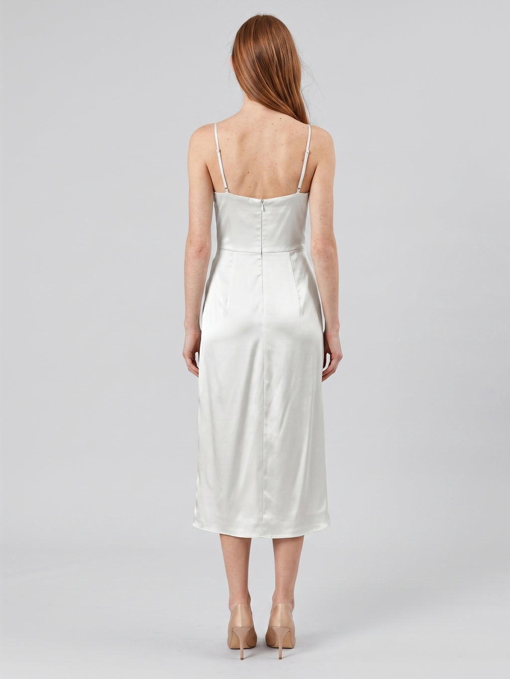 White Satin Sheath V-Neck Backless Tea-Length Pleated Bridesmaid Dress