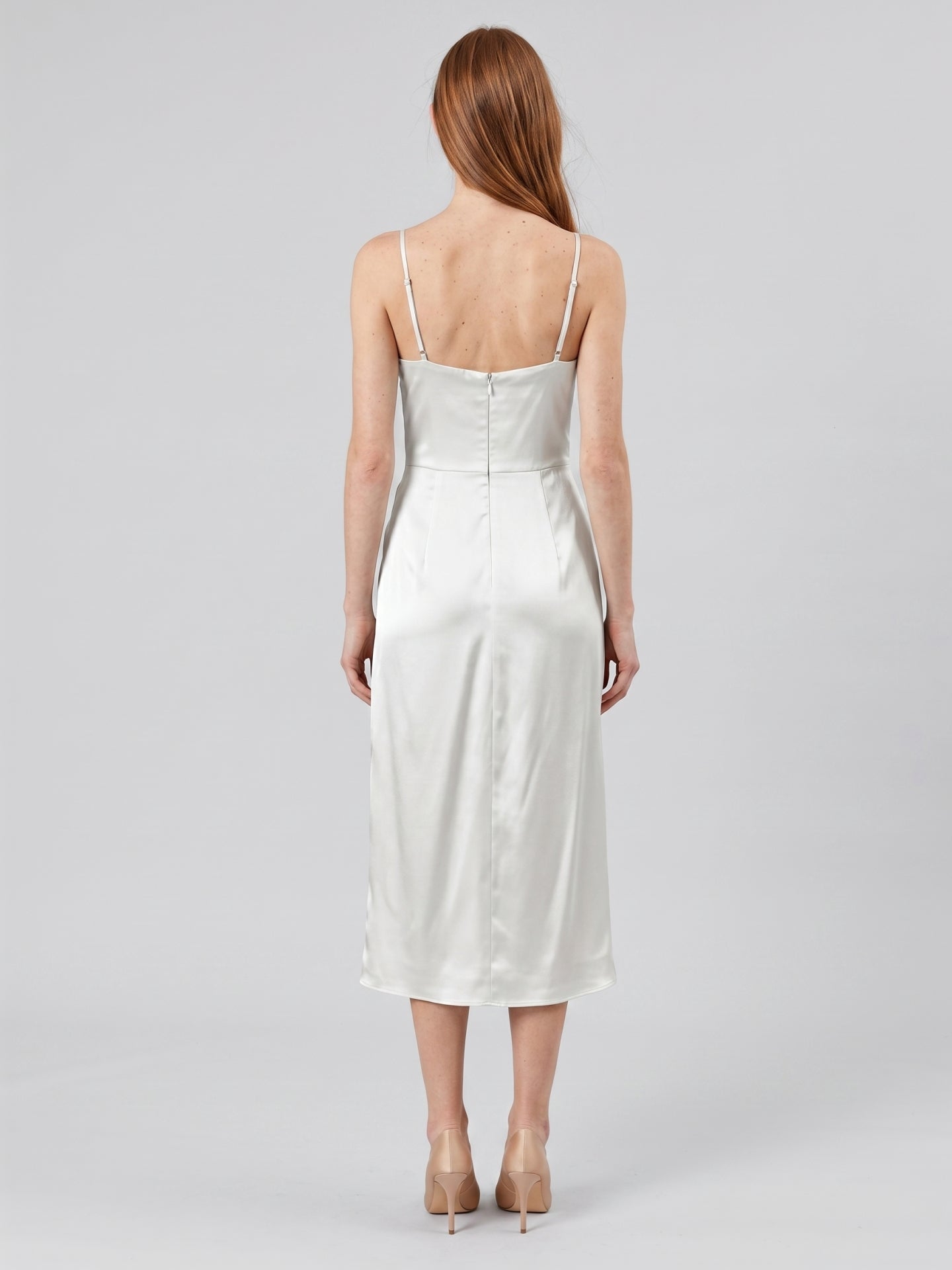 White Satin Sheath V-Neck Backless Tea-Length Pleated Bridesmaid Dress