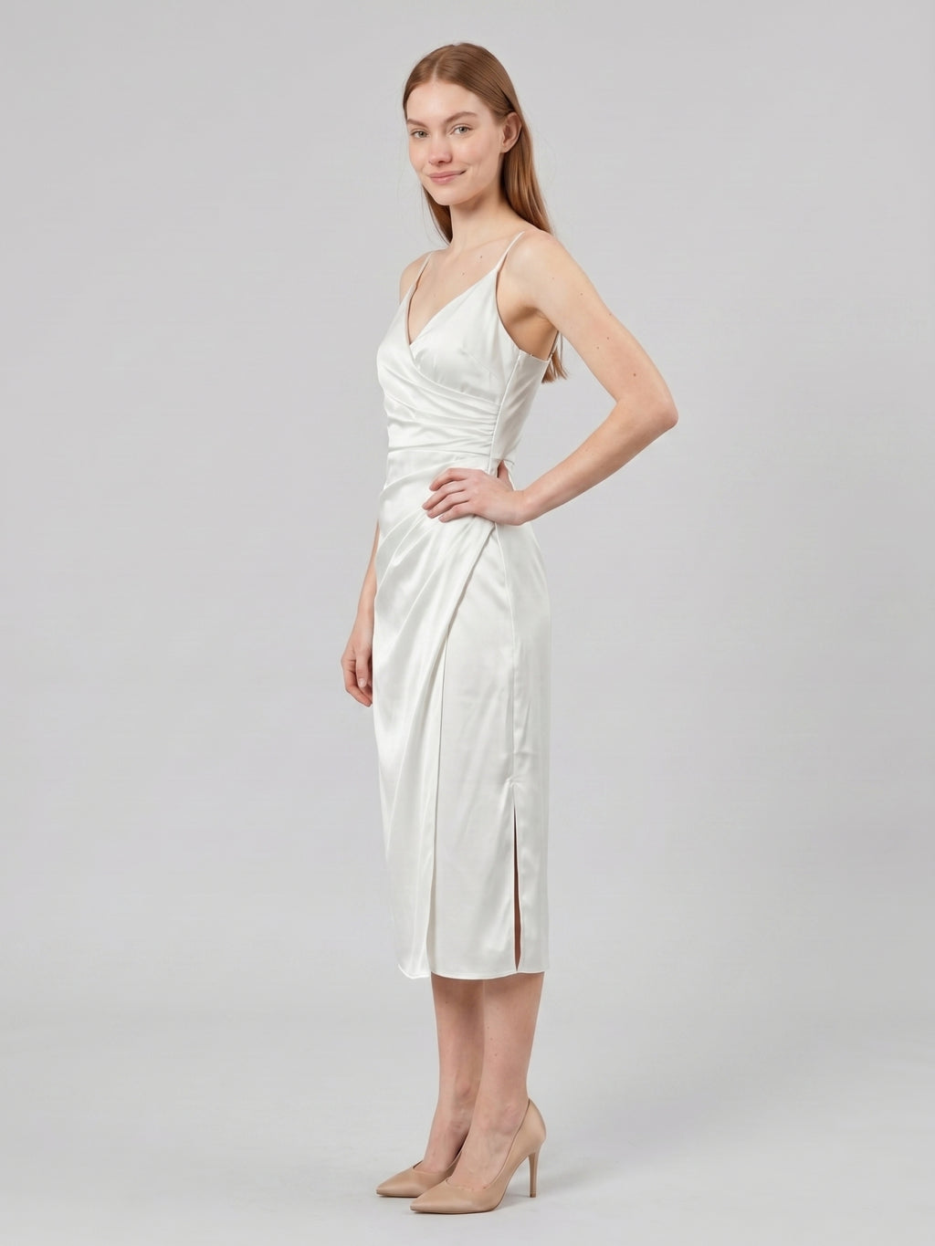 White Satin Sheath V-Neck Backless Tea-Length Pleated Bridesmaid Dress