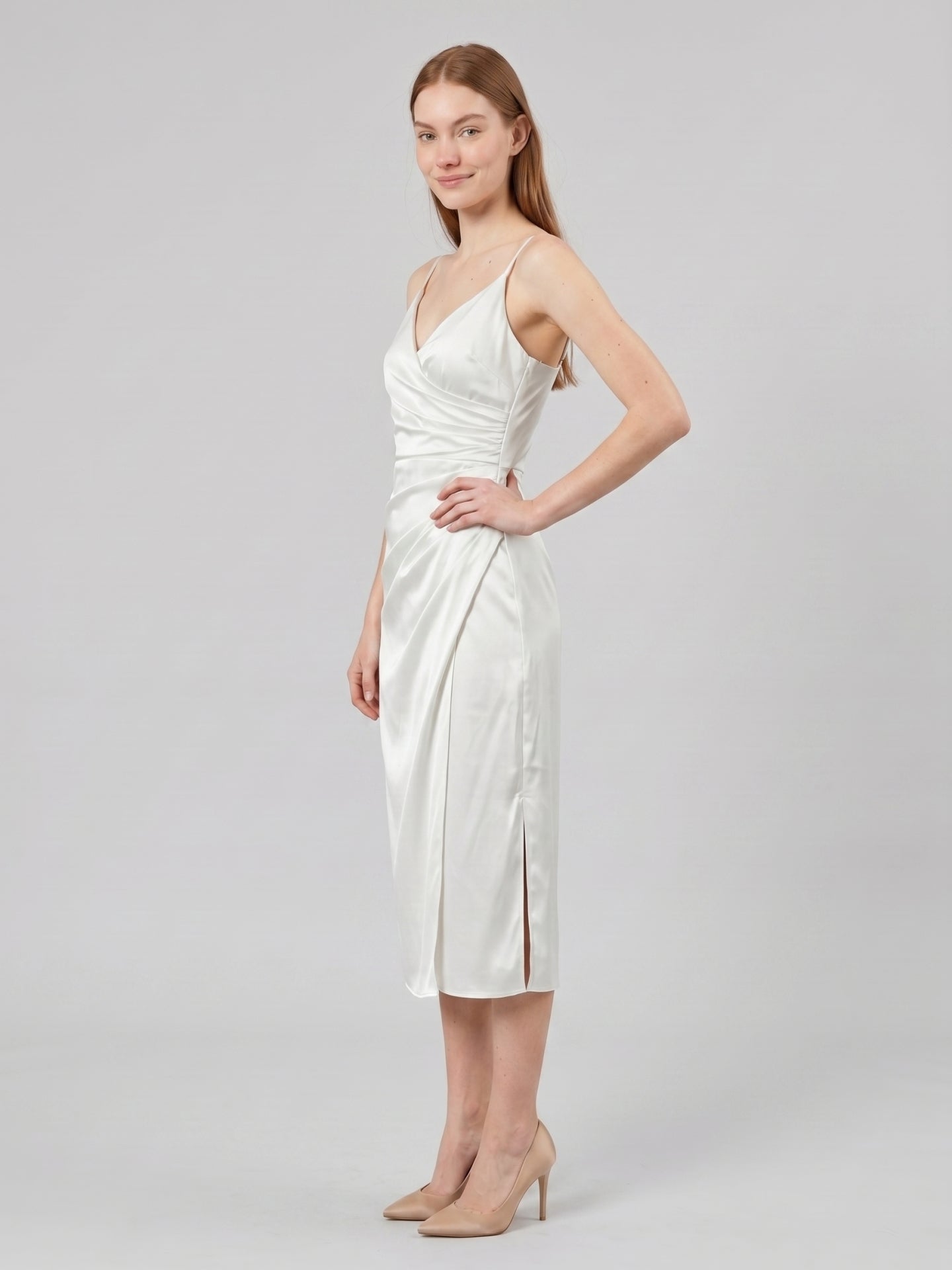 White Satin Sheath V-Neck Backless Tea-Length Pleated Bridesmaid Dress