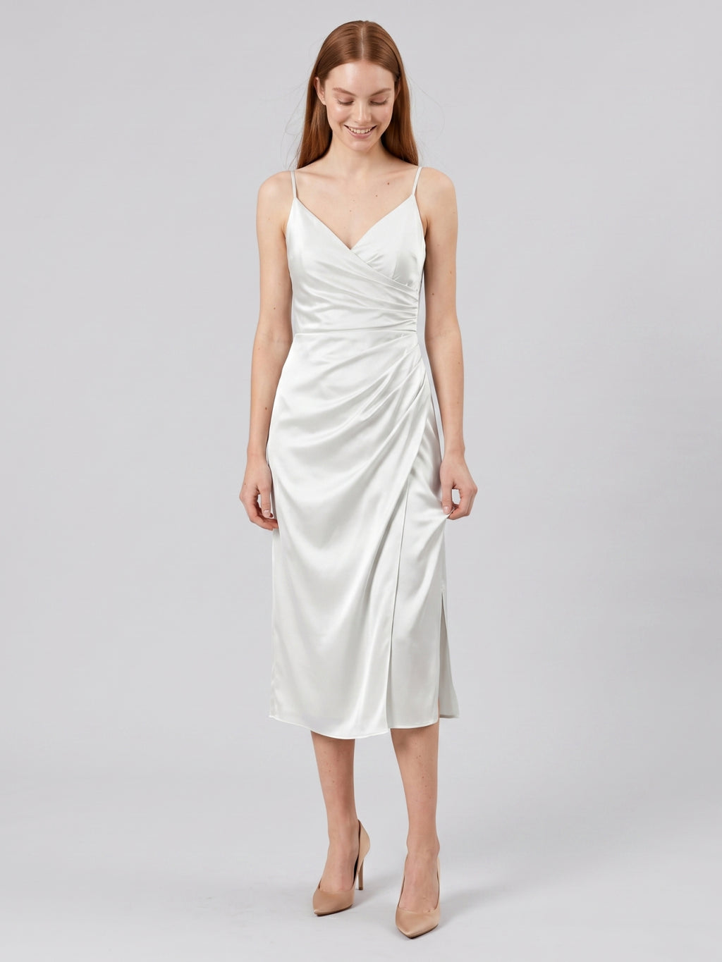 White Satin Sheath V-Neck Backless Tea-Length Pleated Bridesmaid Dress