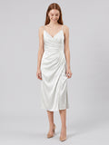 White Satin Sheath V-Neck Backless Tea-Length Pleated Bridesmaid Dress