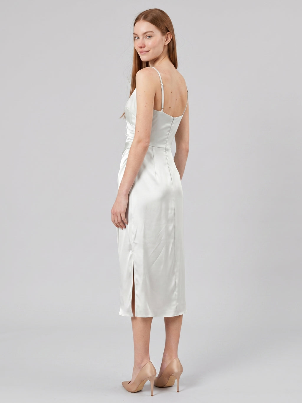 White Satin Sheath V-Neck Backless Tea-Length Pleated Bridesmaid Dress