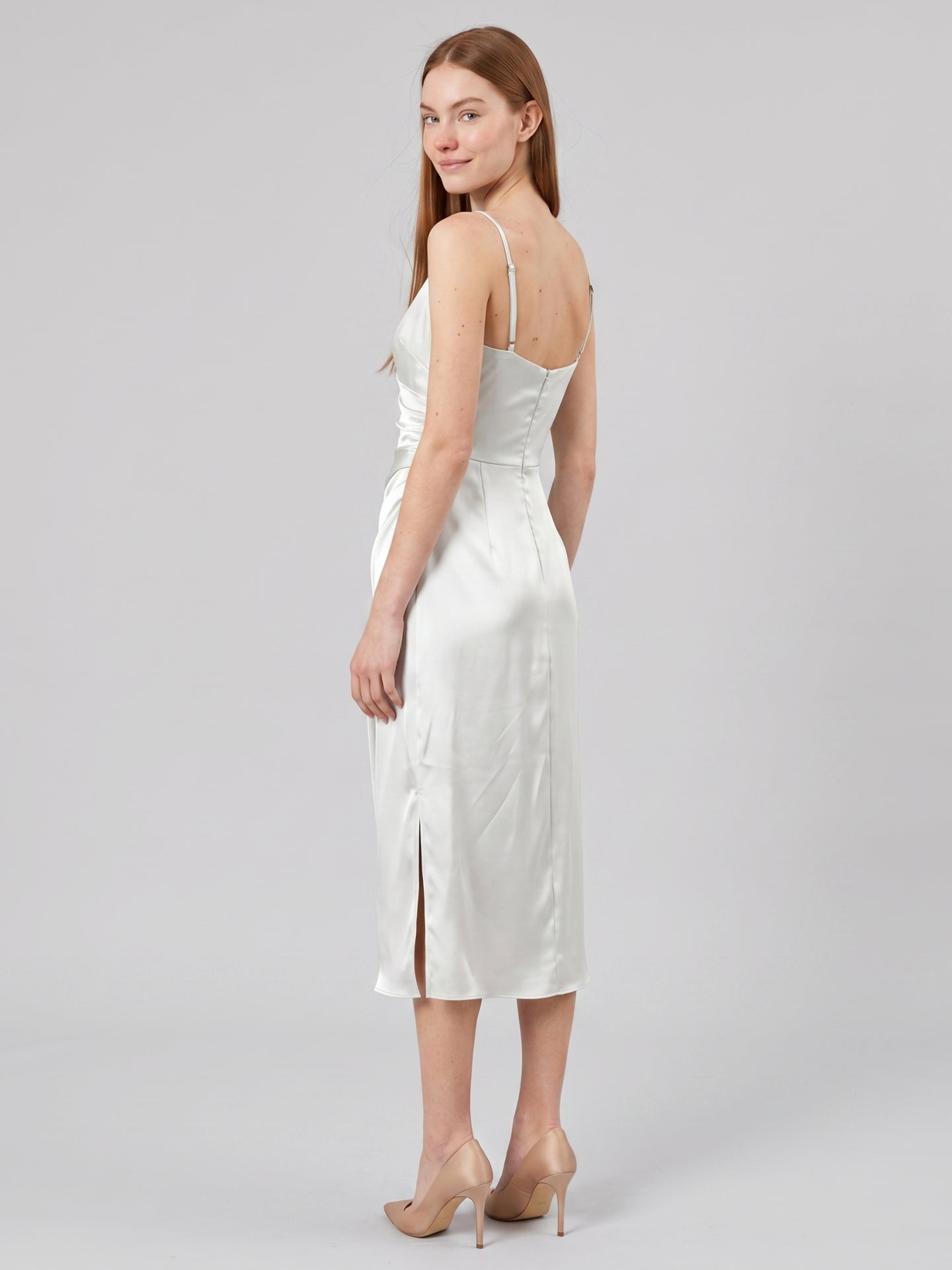 White Satin Sheath V-Neck Backless Tea-Length Pleated Bridesmaid Dress