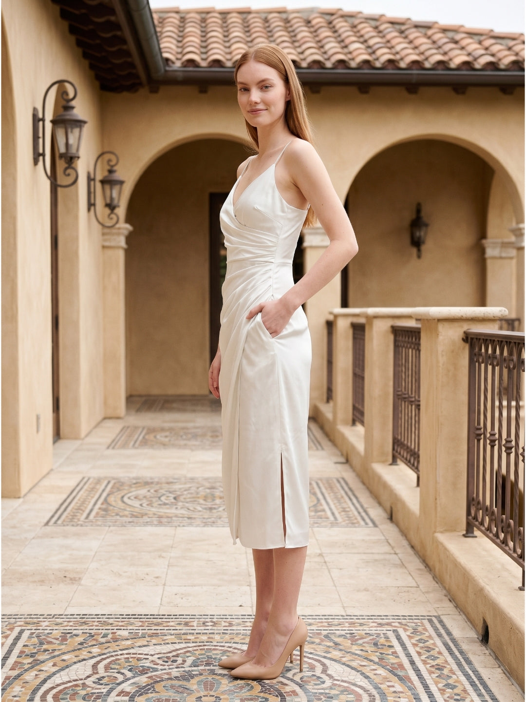 White Satin Sheath V-Neck Backless Tea-Length Pleated Bridesmaid Dress