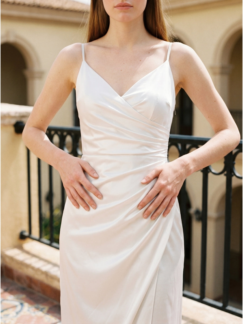 White Satin Sheath V-Neck Backless Tea-Length Pleated Bridesmaid Dress