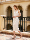 White Satin Sheath V-Neck Backless Tea-Length Pleated Bridesmaid Dress