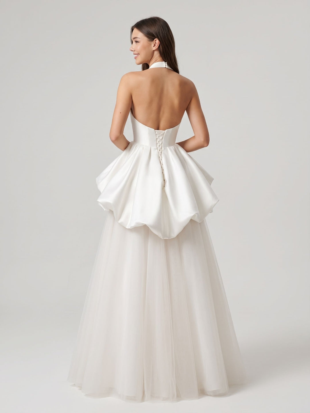 White Satin and Tulle A-Line Halter neckline Lace-up Floor-Length Dress