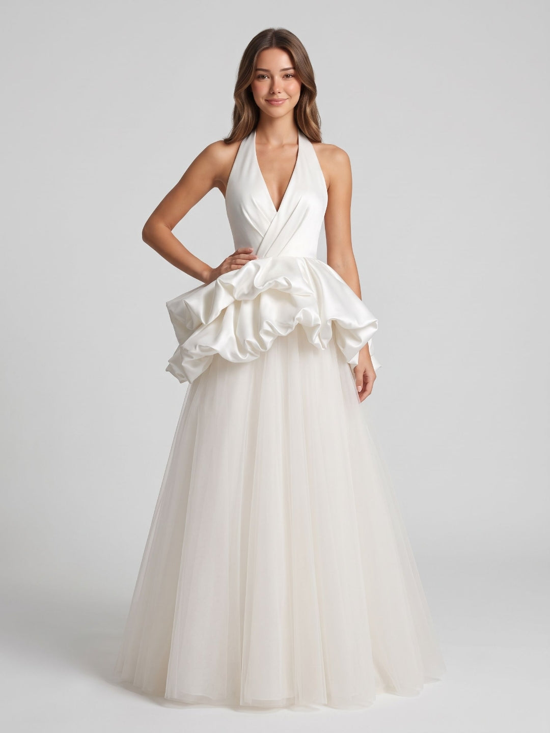 White Satin and Tulle A-Line Halter neckline Lace-up Floor-Length Dress