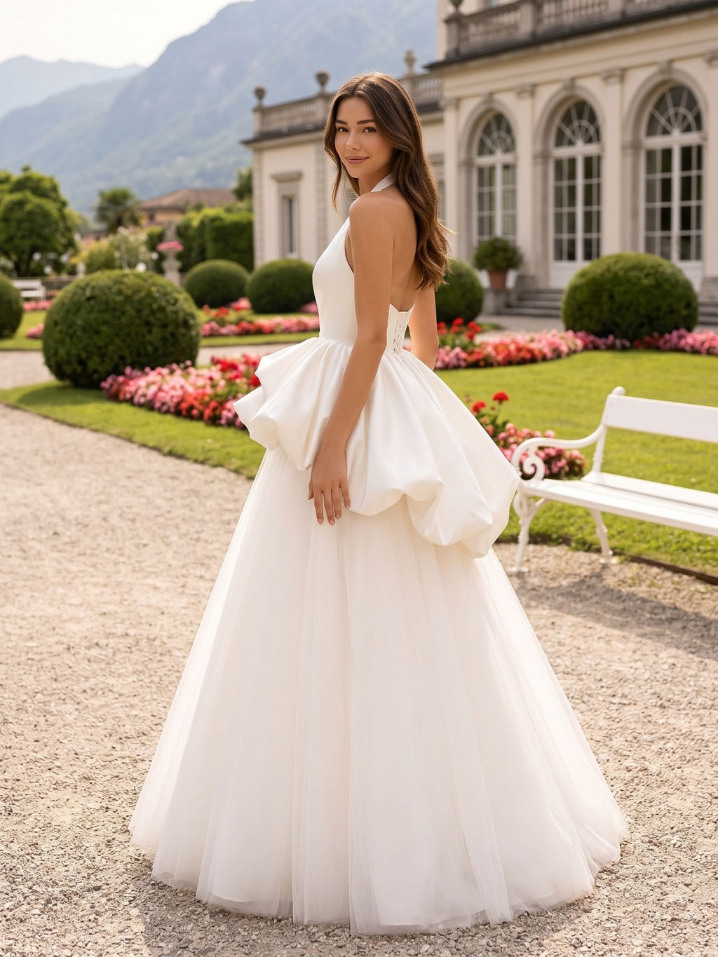 White Satin and Tulle A-Line Halter neckline Lace-up Floor-Length Dress
