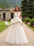 White Satin and Tulle A-Line Halter neckline Lace-up Floor-Length Dress