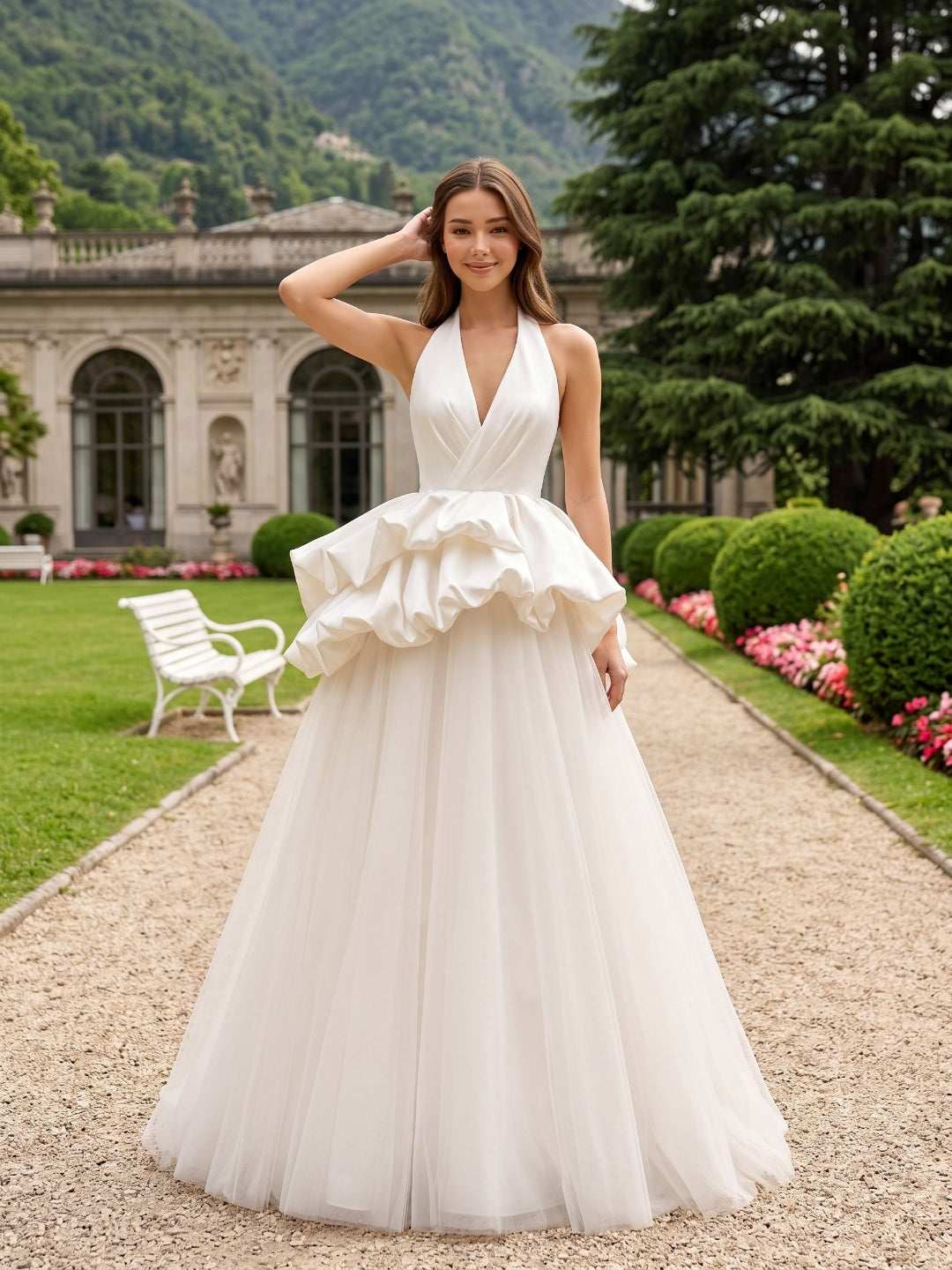 White Satin and Tulle A-Line Halter neckline Lace-up Floor-Length Dress