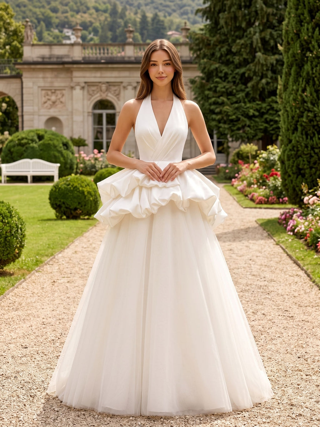 White Satin and Tulle A-Line Halter neckline Lace-up Floor-Length Dress