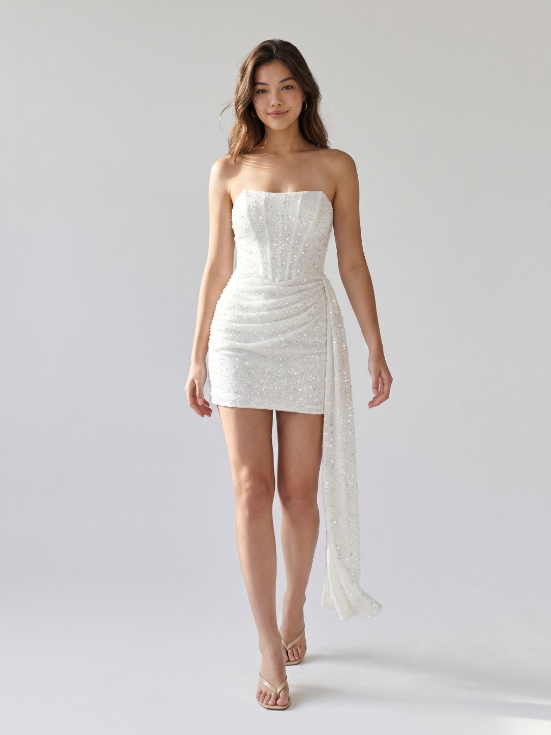 White Sequins Sheath Straight Neck Backless Mini Homecoming Dress
