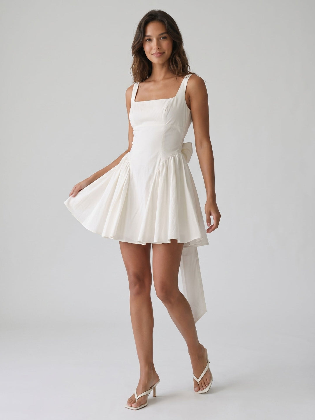 White Stretch Crepe A-Line Square Neck Backless Short Homecoming Dress with Bow