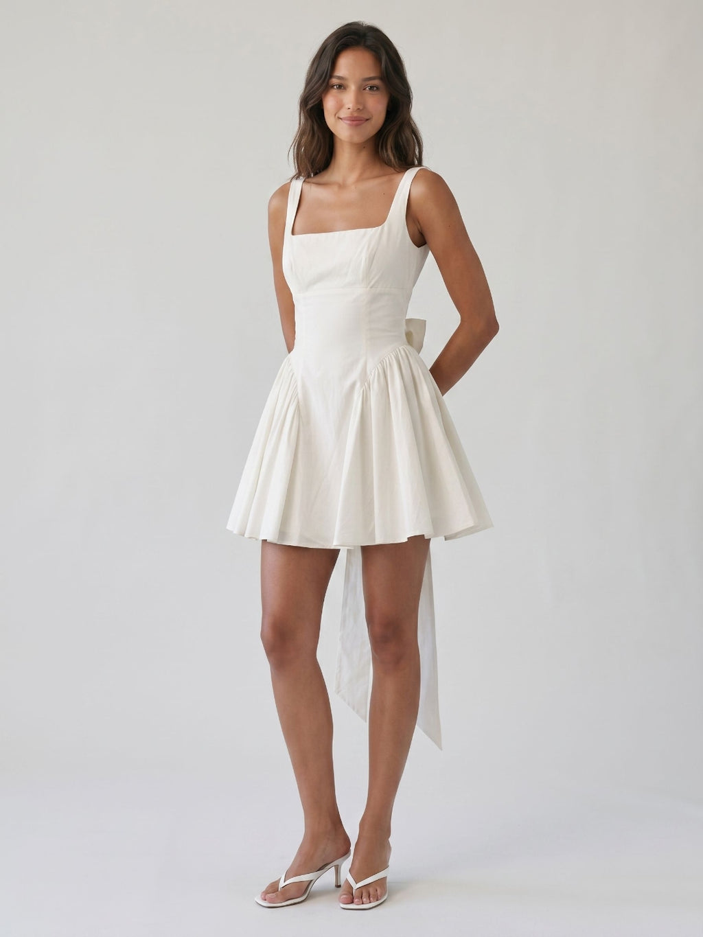 White Stretch Crepe A-Line Square Neck Backless Short Homecoming Dress with Bow