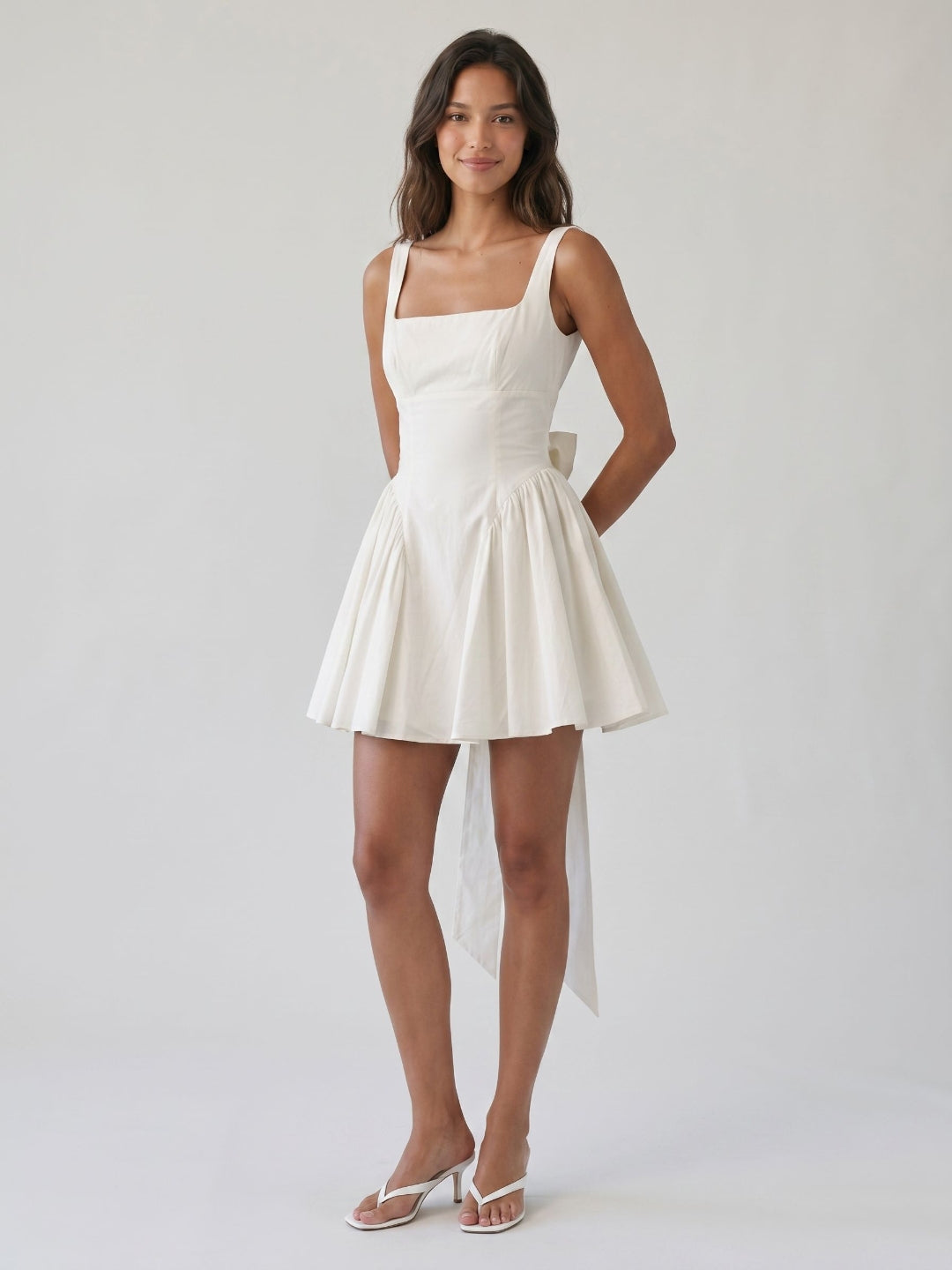 White Stretch Crepe A-Line Square Neck Backless Short Homecoming Dress with Bow