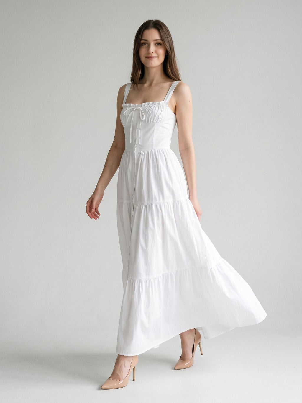 White Stretch Knit A-Line Square Neck Floor-Length Evening Dress