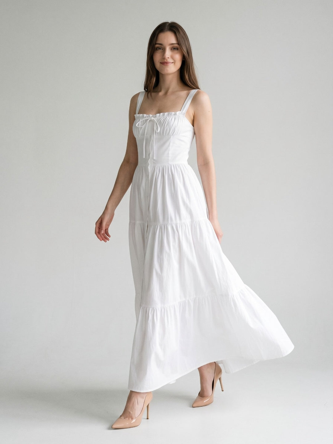White Stretch Knit A-Line Square Neck Floor-Length Evening Dress
