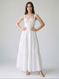 White Stretch Knit A-Line Square Neck Floor-Length Evening Dress